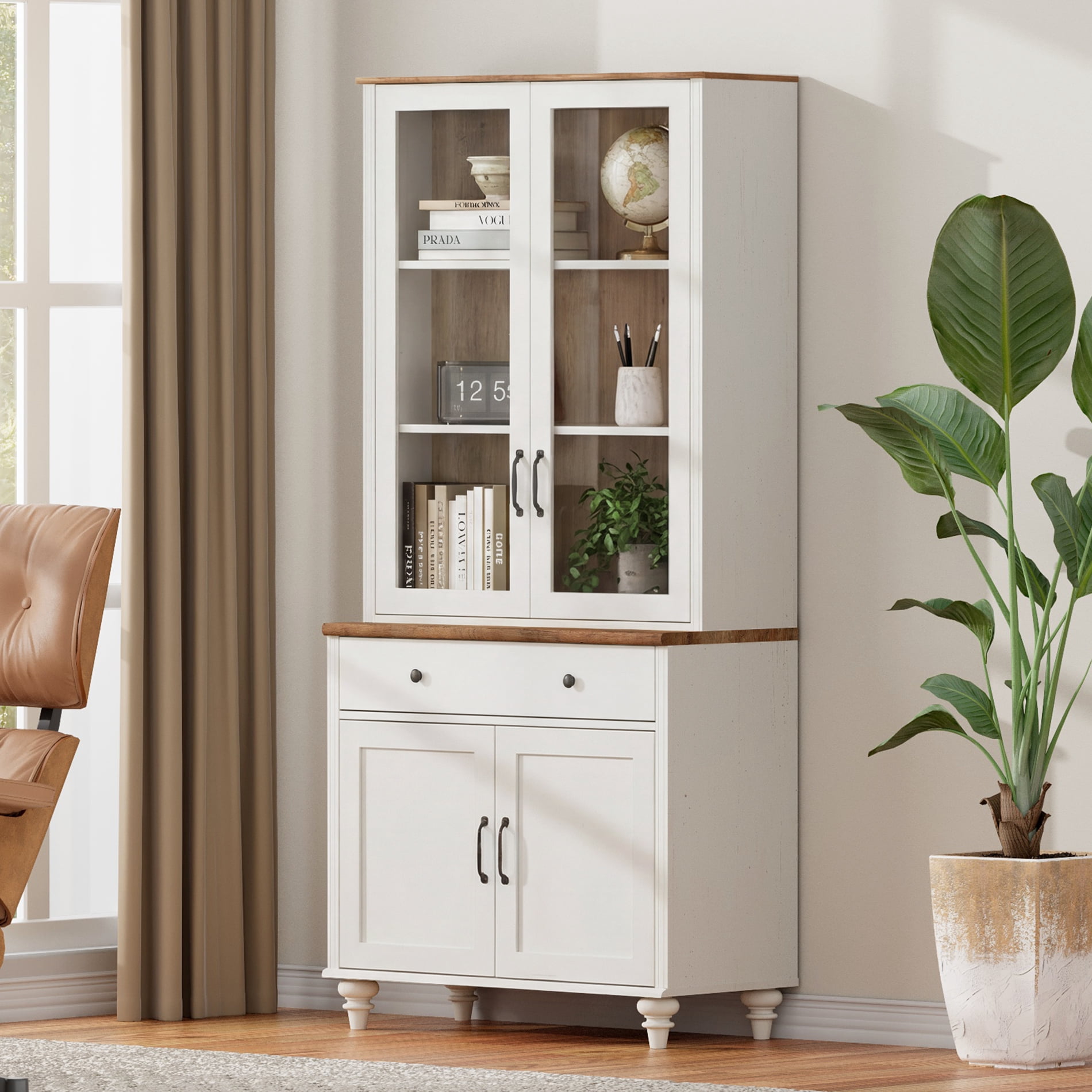 72"H × 34"W 5-Tier Farmhouse Wooden Library Bookcase with Glass Doors & Spacious Storage Cabinet, Freestanding Bookshelf for Living Room, Office & Kitchen, White