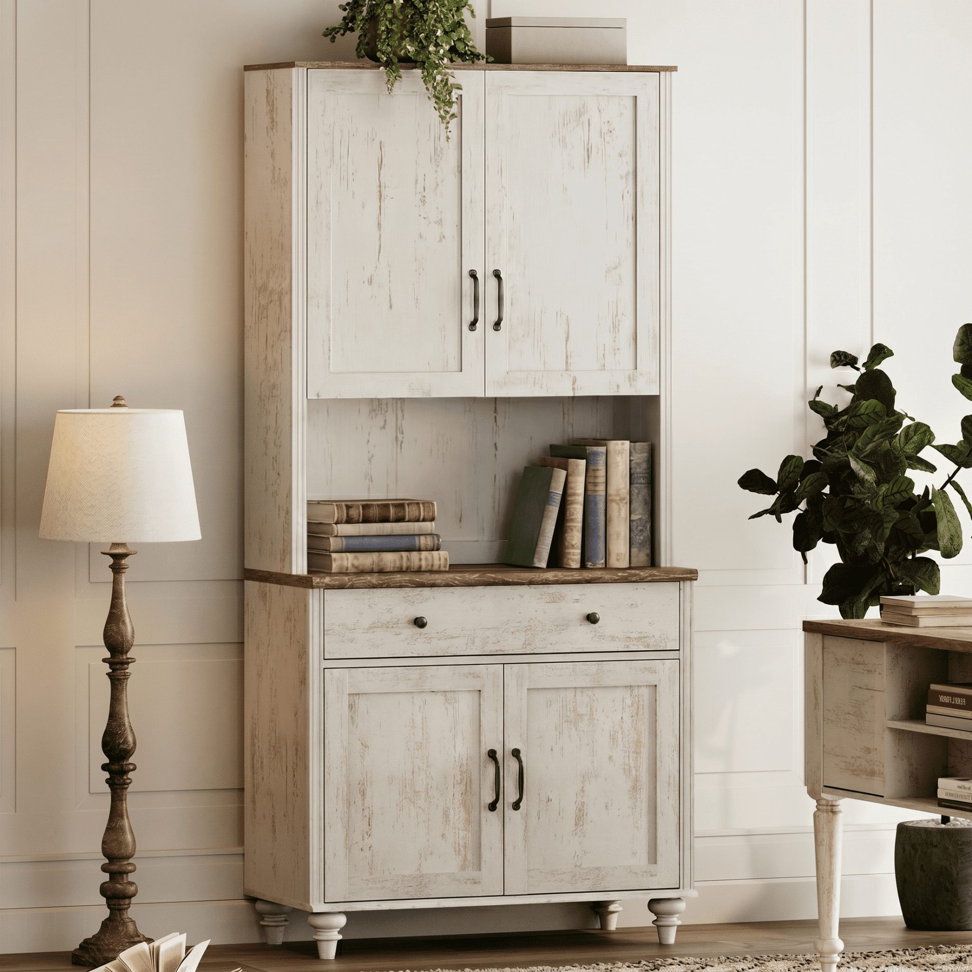 72"H × 34"W Farmhouse Wooden Library Bookcase with Spacious Storage Cabinet, Freestanding Bookshelf for Living Room, Office & Study Room, Rustic white