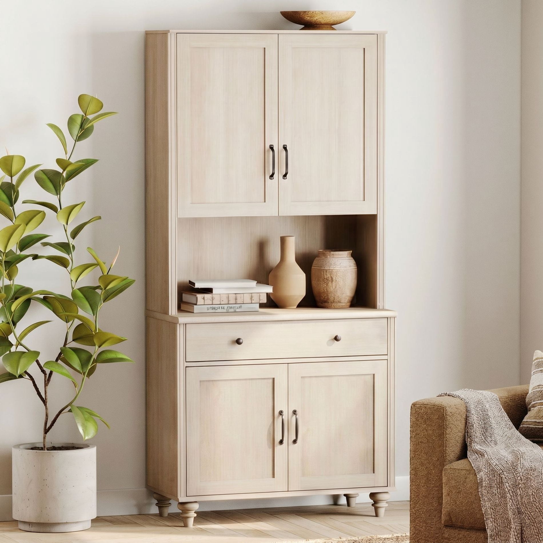 72"H × 34"W Farmhouse Wooden Library Bookcase with Spacious Storage Cabinet, Freestanding Bookshelf for Living Room, Office & Study Room, Beige