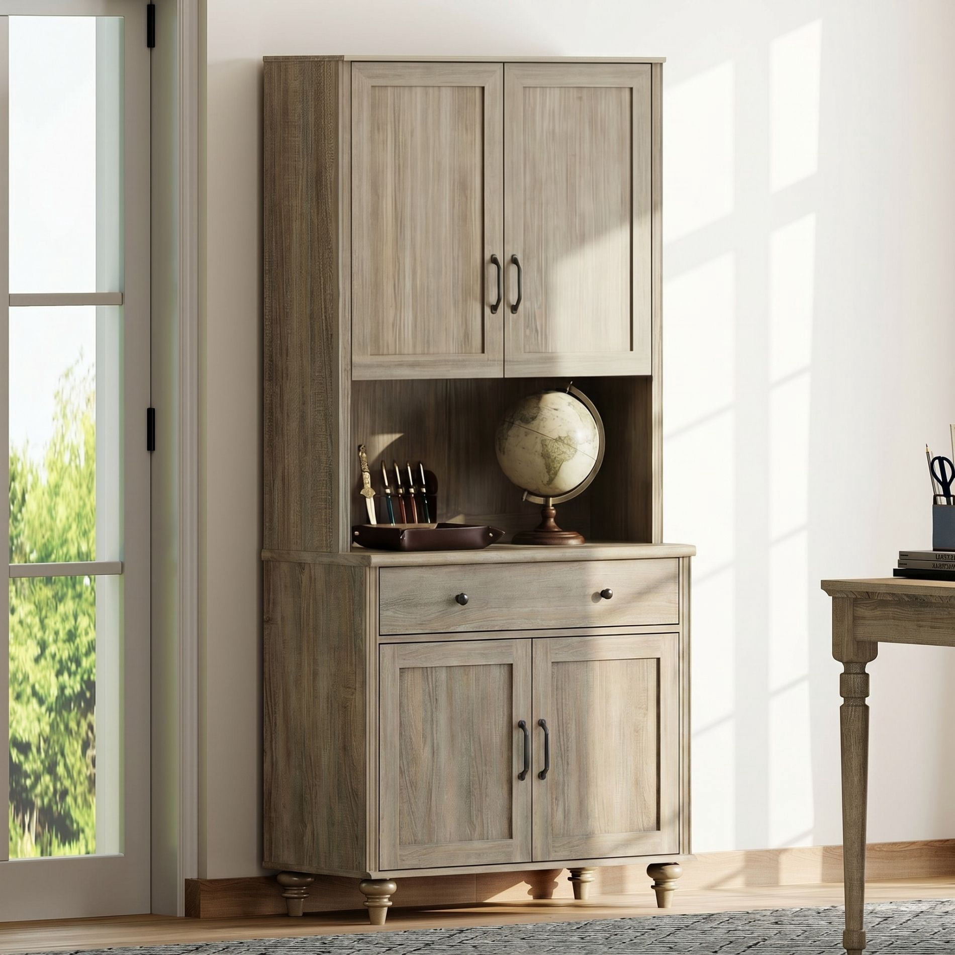 72"H × 34"W Farmhouse Wooden Library Bookcase with Spacious Storage Cabinet, Freestanding Bookshelf for Living Room, Office & Study Room, Wash Gray