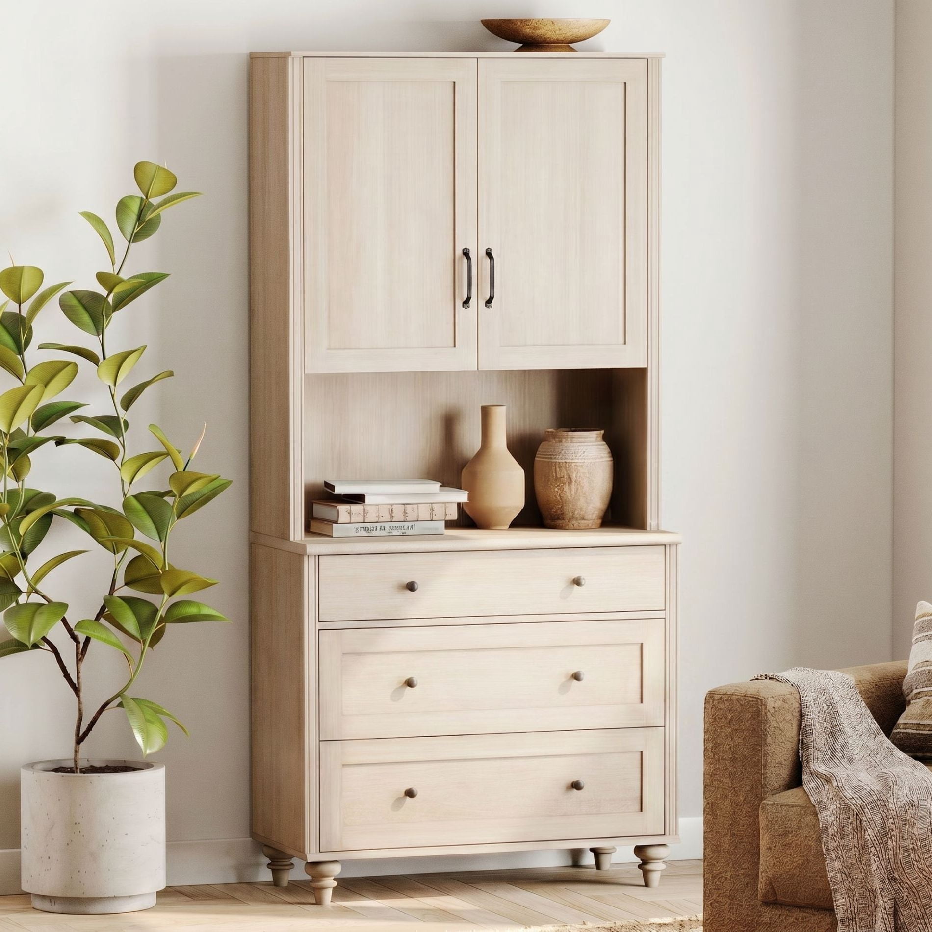 72"H × 34"W Modern Farmhouse Wooden Library Bookcase with Wood Doors & 3 Drawers, Freestanding Storage Bookshelf for Living Room, Office & Study Room, Beige