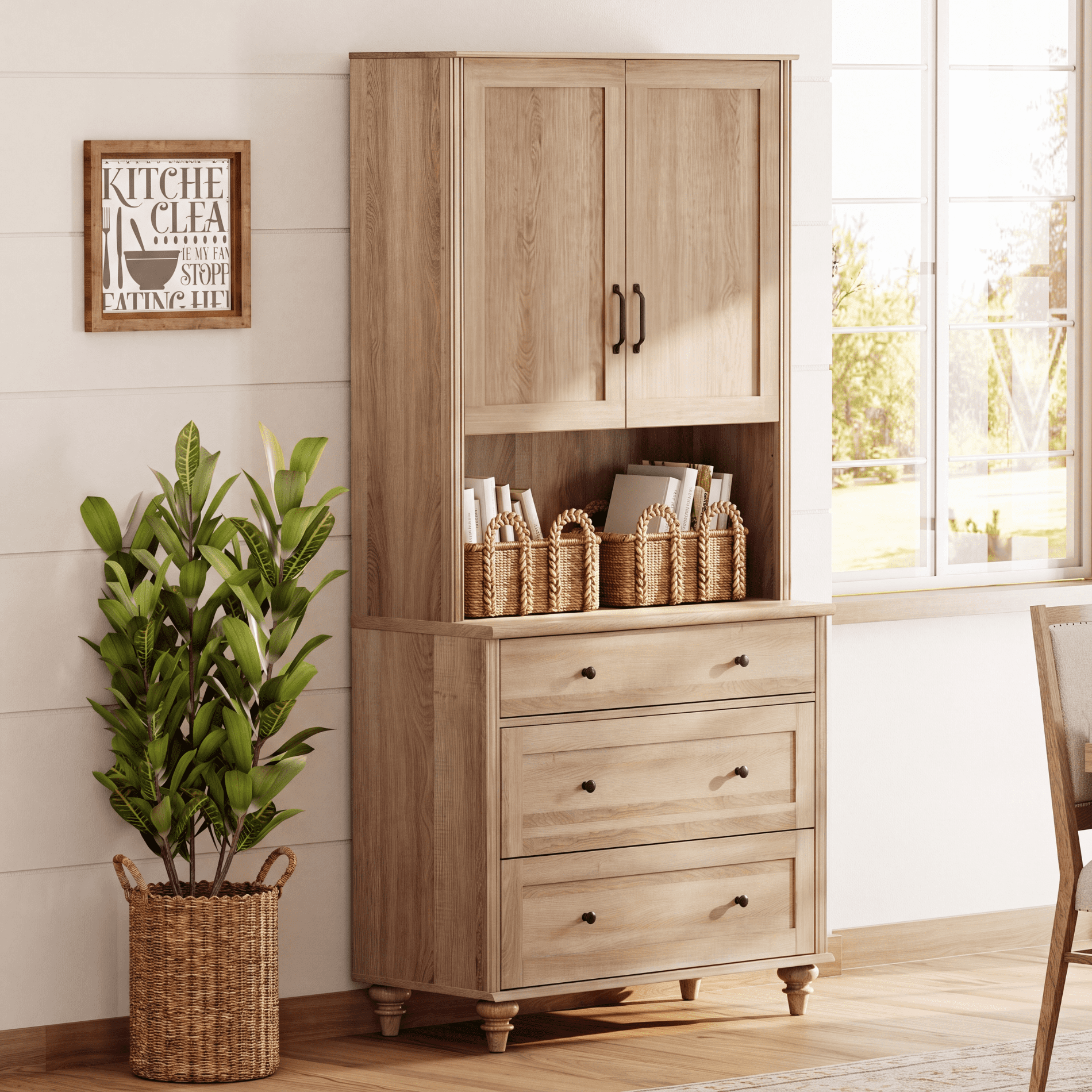 72"H × 34"W Modern Farmhouse Wooden Library Bookcase with Wood Doors & 3 Drawers, Freestanding Storage Bookshelf for Living Room, Office & Study Room, Oak