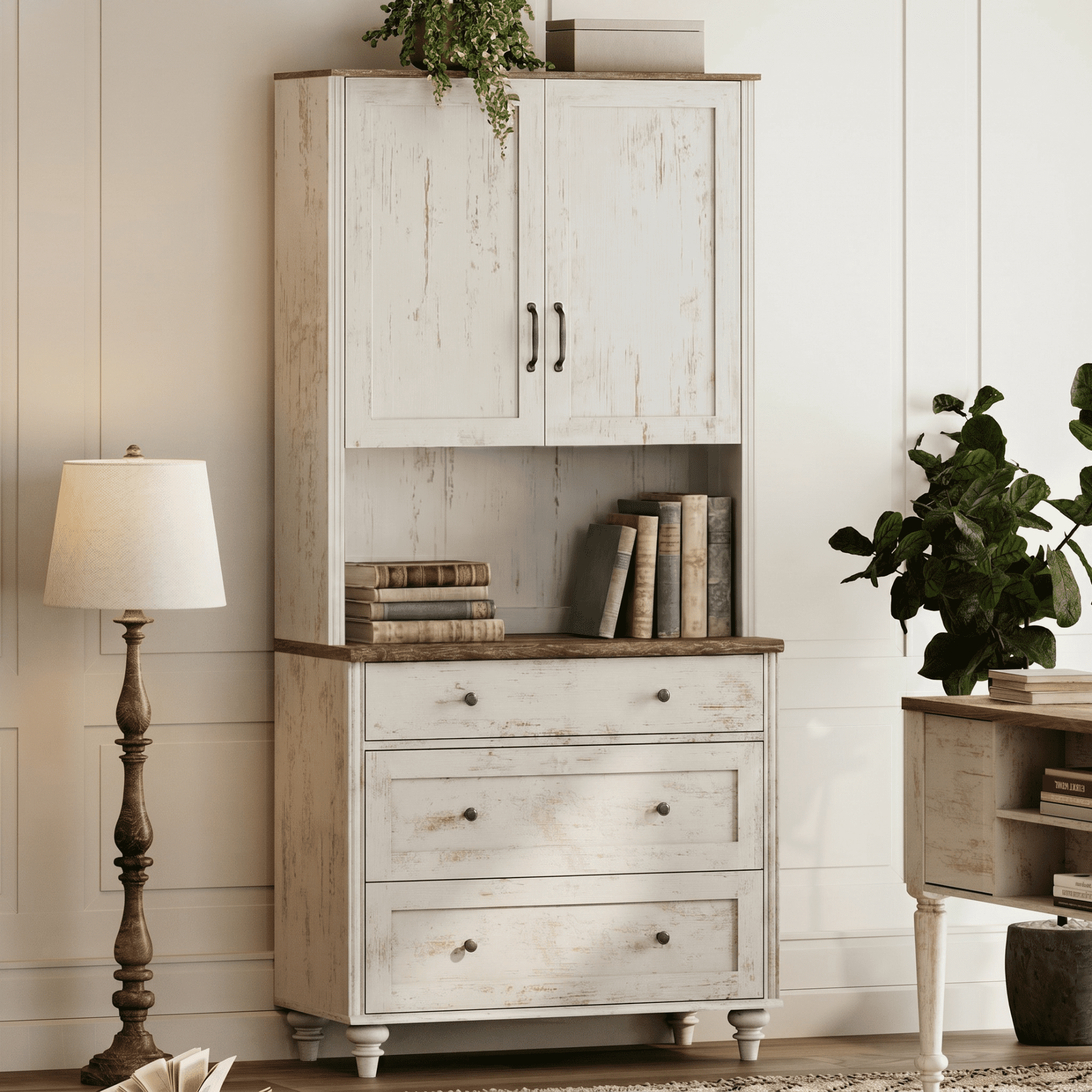 72"H × 34"W Modern Farmhouse Wooden Library Bookcase with Wood Doors & 3 Drawers, Freestanding Storage Bookshelf for Living Room, Office & Study Room, Rustic white