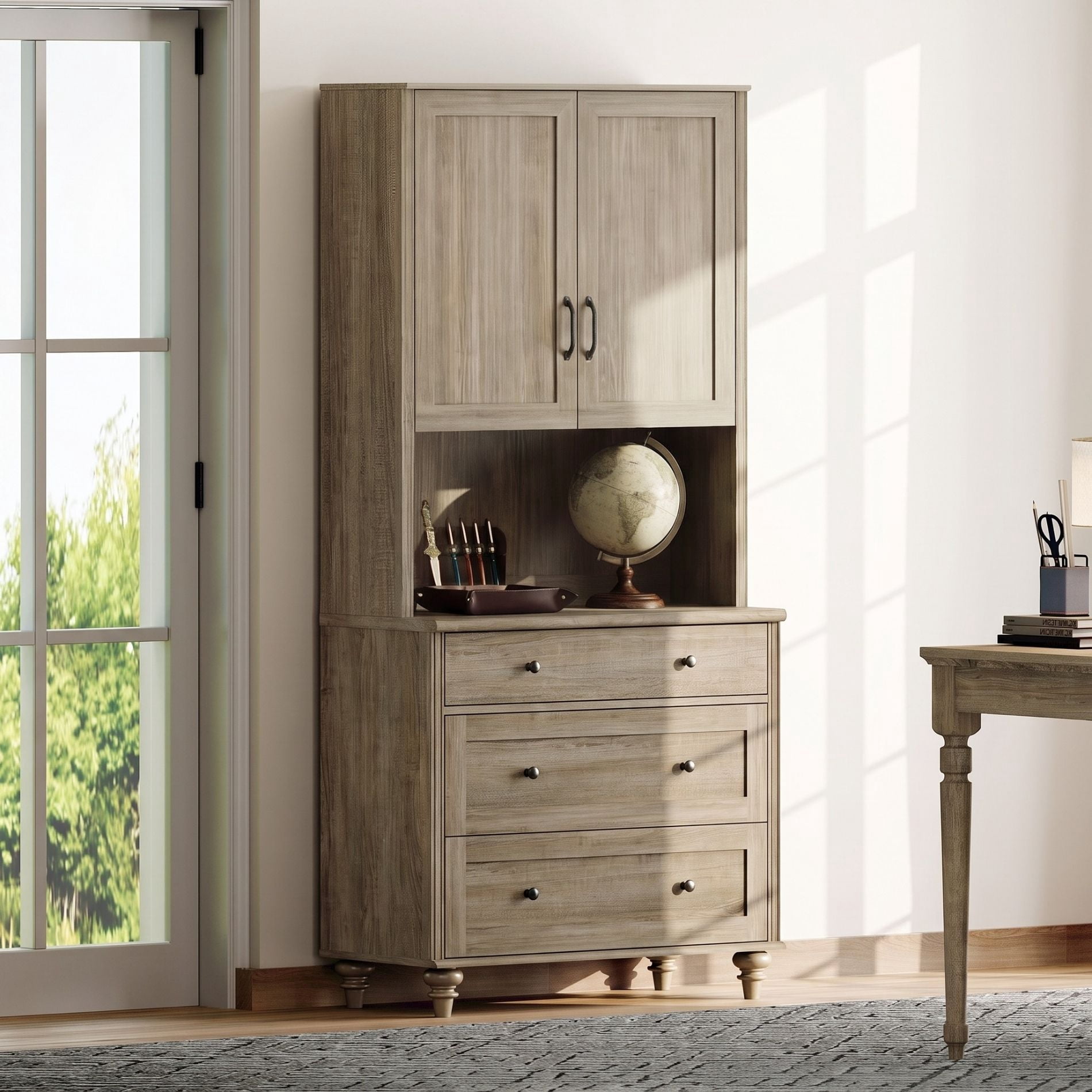 72"H × 34"W Modern Farmhouse Wooden Library Bookcase with Wood Doors & 3 Drawers, Freestanding Storage Bookshelf for Living Room, Office & Study Room, Wash Gray