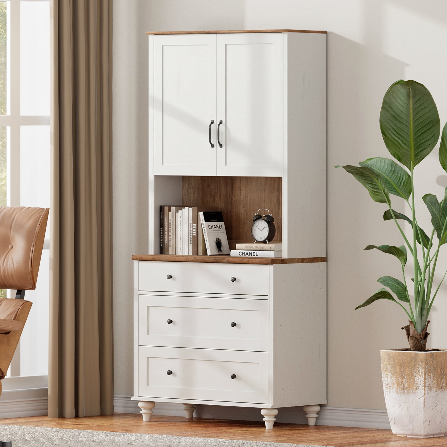72"H × 34"W Modern Farmhouse Wooden Library Bookcase with Wood Doors & 3 Drawers, Freestanding Storage Bookshelf for Living Room, Office & Study Room, White