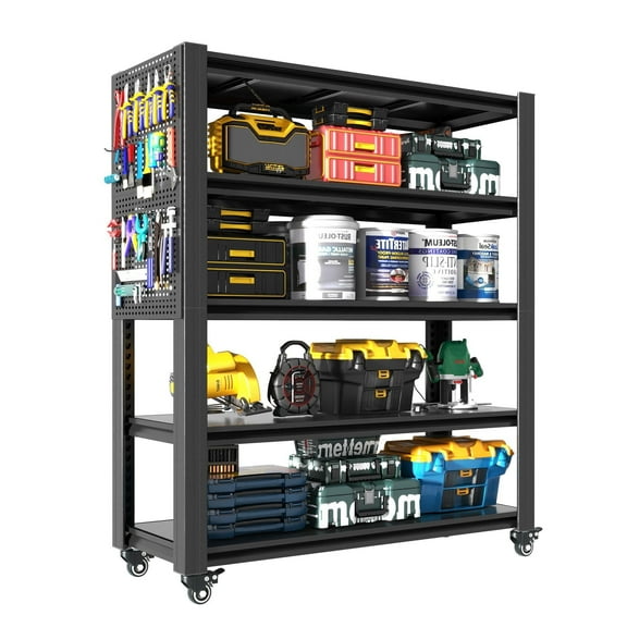 XUTUMM 5-Tier Adjustable Shelving Unit with Pegboard & Wheels - Heavy Duty Metal Shelf for Garage, Warehouse, Office, 47.2"W