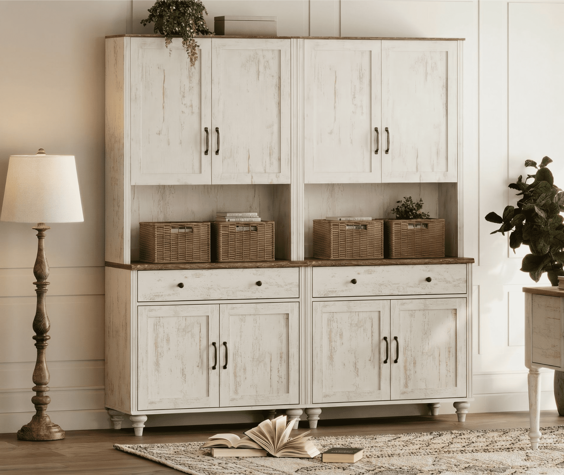 72"H × 68"W Large Farmhouse Wooden Library Bookcase with Ample Storage Cabinet, Freestanding Bookshelf for Living Room, Office & Study Room, Rustic white