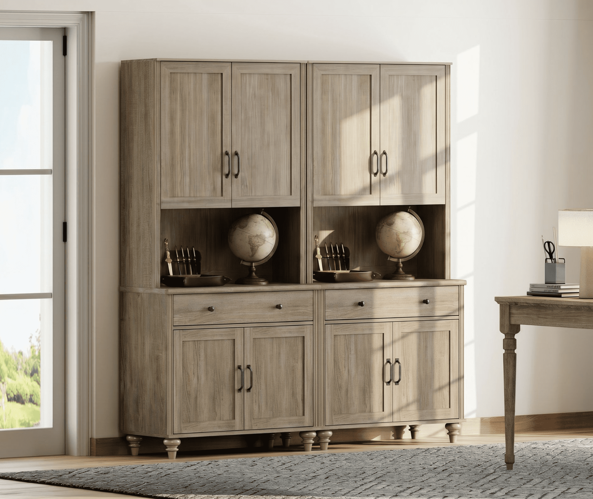 72"H × 68"W Large Farmhouse Wooden Library Bookcase with Ample Storage Cabinet, Freestanding Bookshelf for Living Room, Office & Study Room, Wash Gray