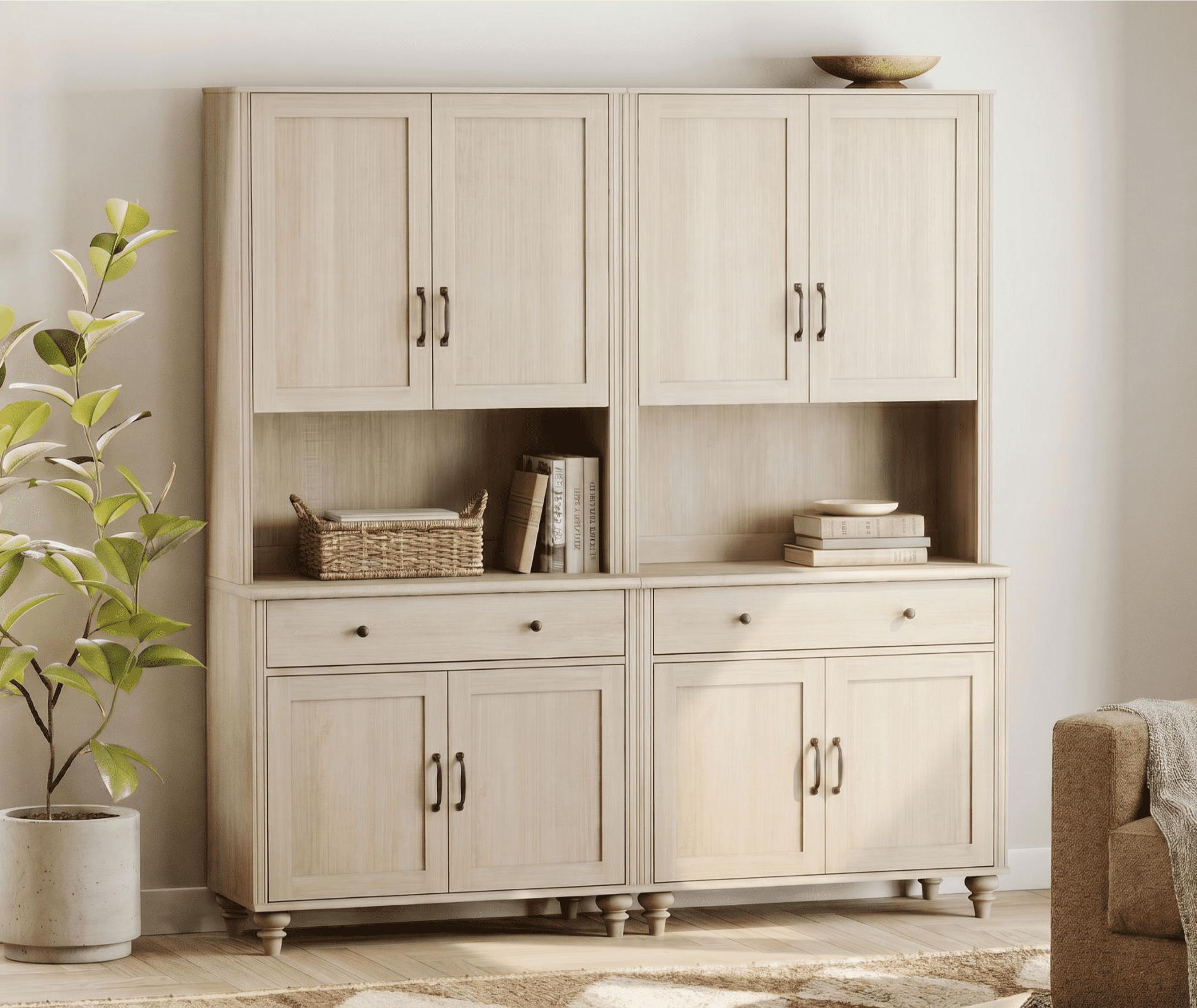 72"H × 68"W Large Farmhouse Wooden Library Bookcase with Ample Storage Cabinet, Freestanding Bookshelf for Living Room, Office & Study Room, Beige