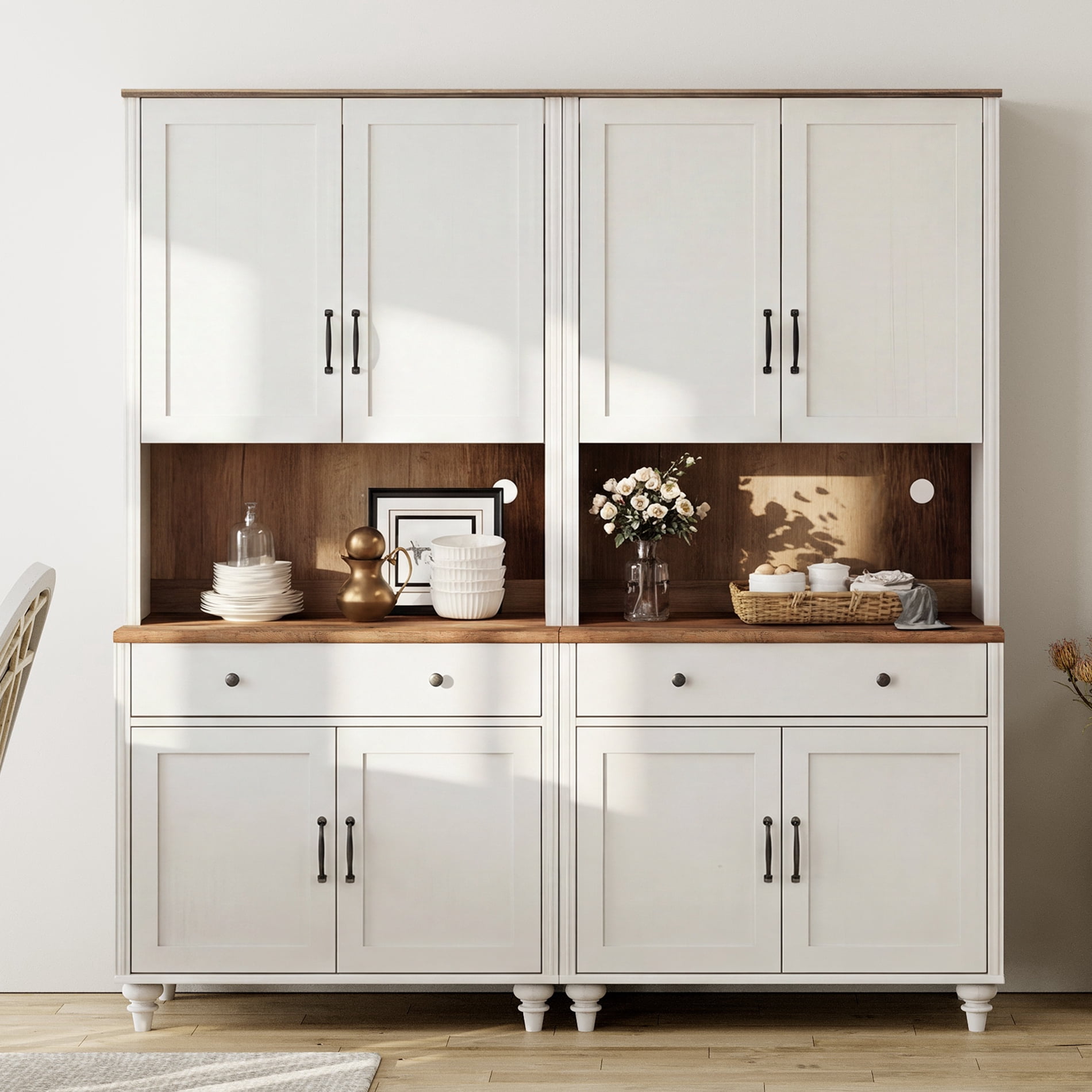 72"H × 68"W Large Farmhouse Wooden Library Bookcase with Ample Storage Cabinet, Freestanding Bookshelf for Living Room, Office & Study Room, White