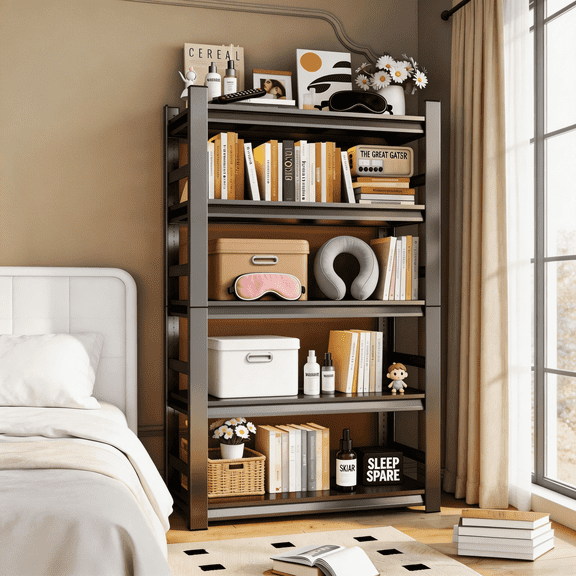 72"H Adjustable Metal Bookshelf with Fence,5-Tier Heavy Duty Sturdy Bookcase,Adjustable Book Shelf with Storage for Bedroom,Living Room,Office,Garage,Warehouse,Basement,Kitchen,Black,36"W X 16"D