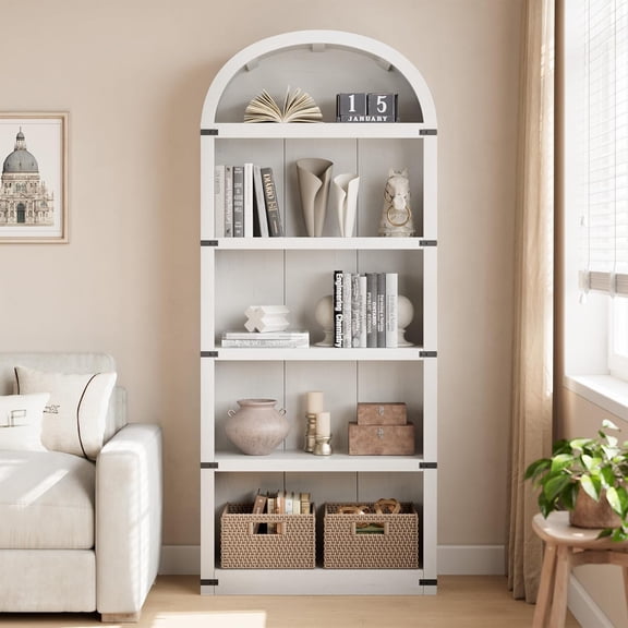 72"H Bookcase with Shelf or Doors, Arched Bookshelf Farmhouse Cabinet with Shelves, Wooden Bookshelves for Home Office, Living Room