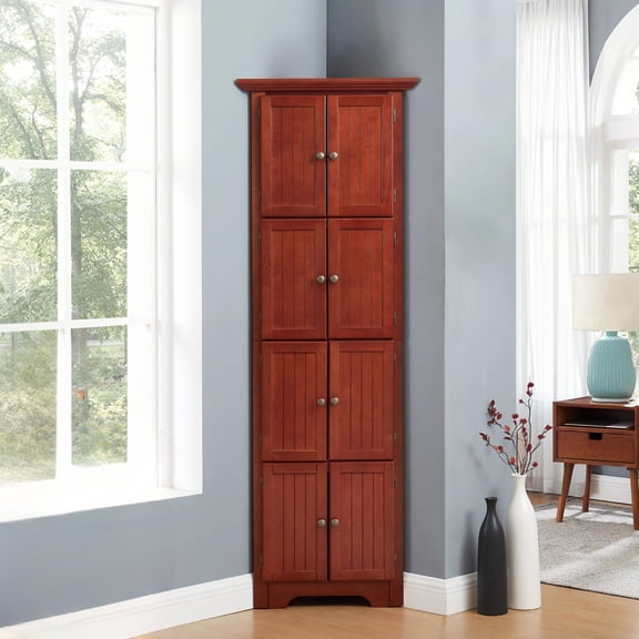 72"H Corner Cabinet, 4-Tier Pantry Cabinet with 8 Doors and 3 Shelves, Farmhouse Storage Cabinet for Kitchen, Living room, Cherry