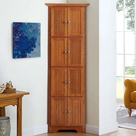72"H Corner Cabinet, 4-Tier Pantry Cabinet with 8 Doors and 3 Shelves, Farmhouse Storage Cabinet for Kitchen, Living room, Oak