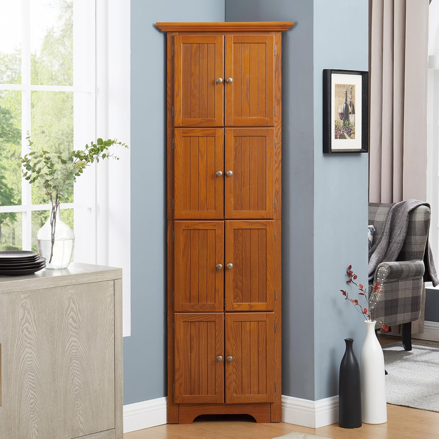 72" H Farmhouse Corner Storage Cabinet with 8 Doors & 4 Shelves, 4 Tier Kitchen Corner Pantry Cabinet Wooden Organizer Case Bookshelf, Home Space Saver Cabinet for Kitchen,Living Room (Oak)
