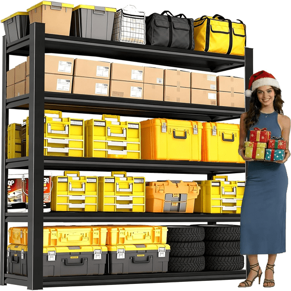 72''H Garage Shelving, 5 Tier Heavy Duty Shelving, Garage Storage Shelves, 3000 lbs Capacity Adjustable Standing Shelf and Thickened Double-Layer Posts for Garage,Warehouse,Basement, Black