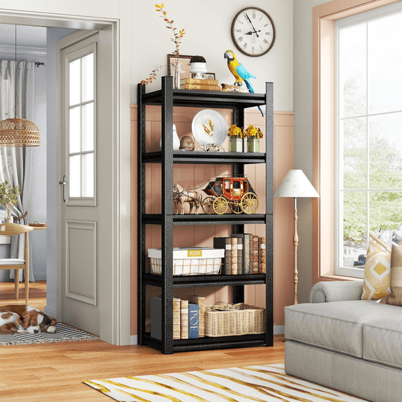 5-Tier 78"Hx40"Wx16"D Modern Metal Book Shelf,Heavy Duty Black Bookshelf,Bolt-Free Deep Bookcase for CDs Movies Garage Kit,Adjustable Bookshelf in Living Room,Bedroom,Kitchen,Office