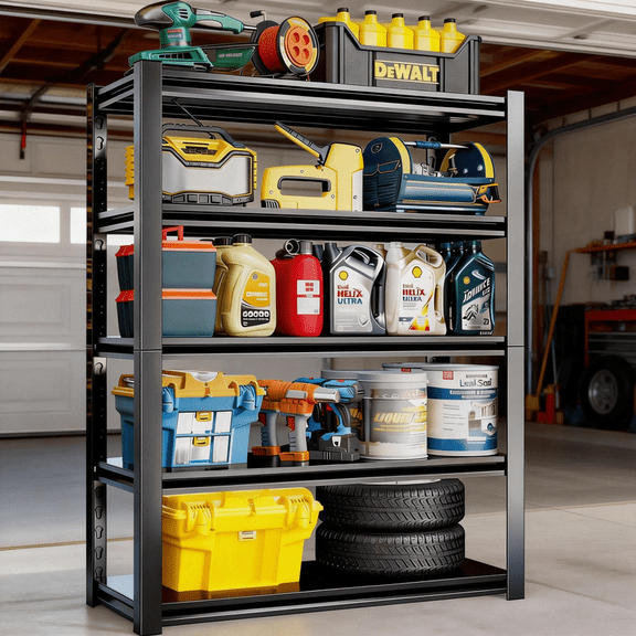 72" H Garage Shelving, Garage Shelving Heavy Duty, 3000Lbs 5 Tier Adjustable Storage Shelves for Warehouse, Basement, Workshop, Double-Layer Column with Reinforced Ribs, 16" D*40" W
