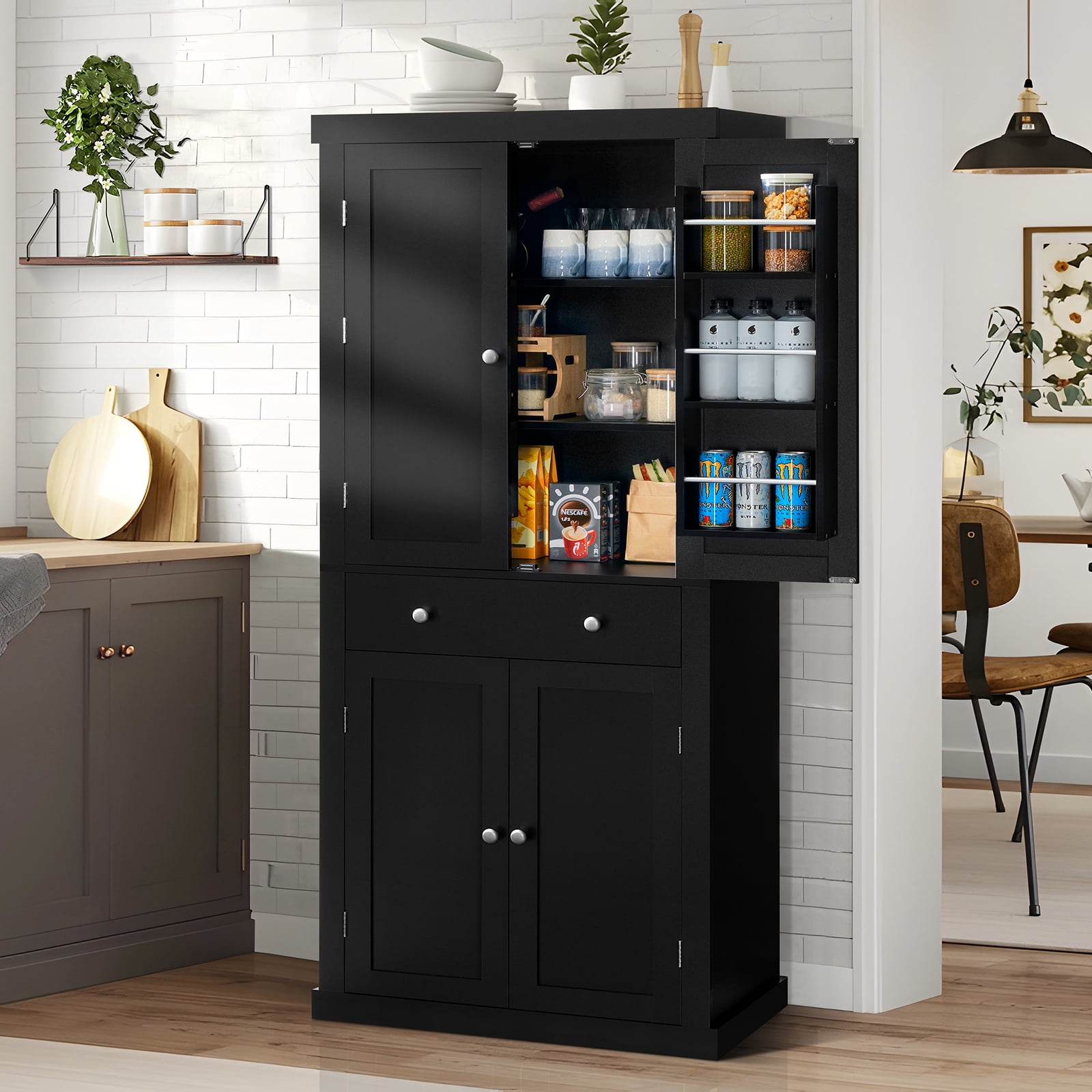 URTR Black Wood 30 in. Freestanding Tall Kitchen Pantry Cabinet Storage Cabinet  Organizer with 4-Doors and Adjustable Shelves T-02021-B - The Home Depot