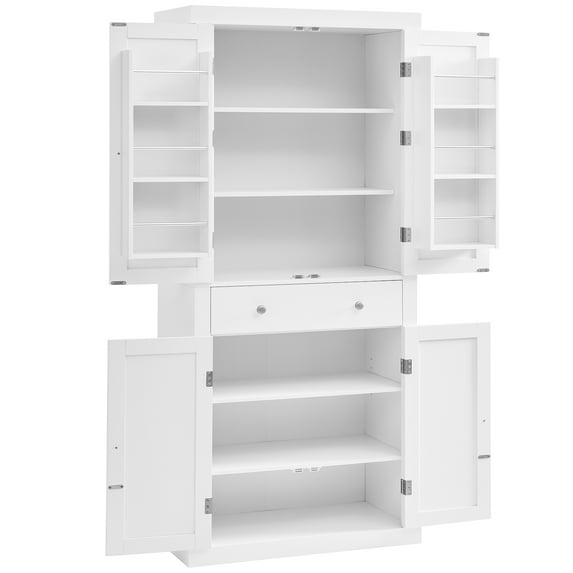 72”H Kitchen Pantry Cabinet with 4 Doors and 1 Drawer, Freestanding Tall Storage Cupboard with 6 Hanging Shelves and Adjustable Shelves for Kitchen, White