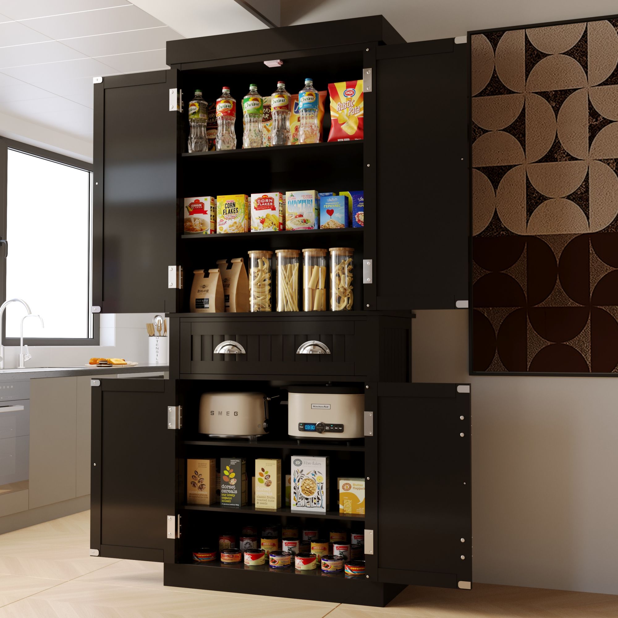 72”H Kitchen Pantry with 4 Doors and 1 Drawer, Freestanding