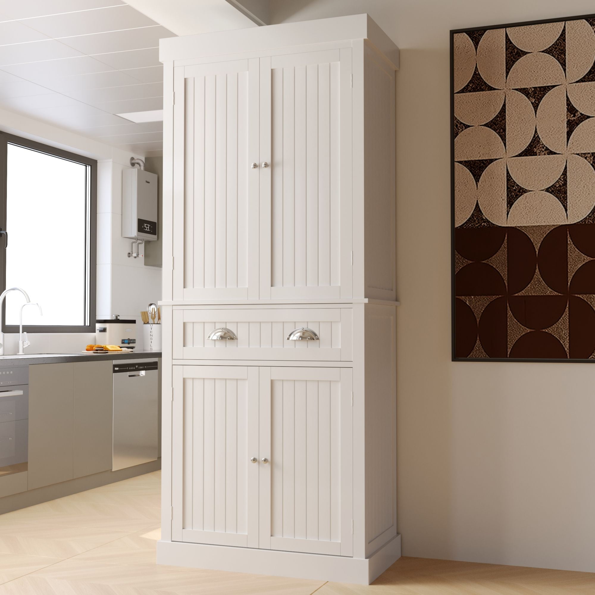 72”H Kitchen Pantry with Door and Shelves, Wood Pantry with