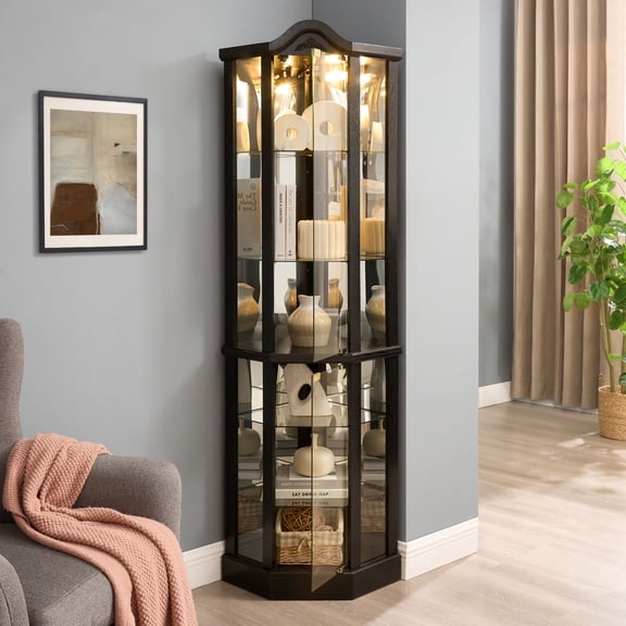72" H Lighted Corner Curio Cabinet, Glass Display Cage with Tempered Glass Doors and 5 Adjustable Shelves, Wine Cabinet Storage Rack for Bar and Liquor Storage, Black