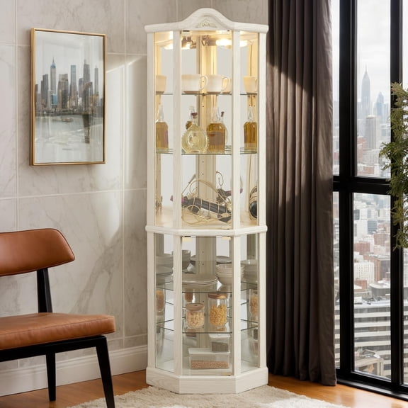 72" H Lighted Curio Cabinet with Light Blub, Glass Display Cabinet with 6 Adjustable Shelves, Tempered Glass Doors, Corner Wine Cabinet Storage Rack for Bar and Liquor Storage