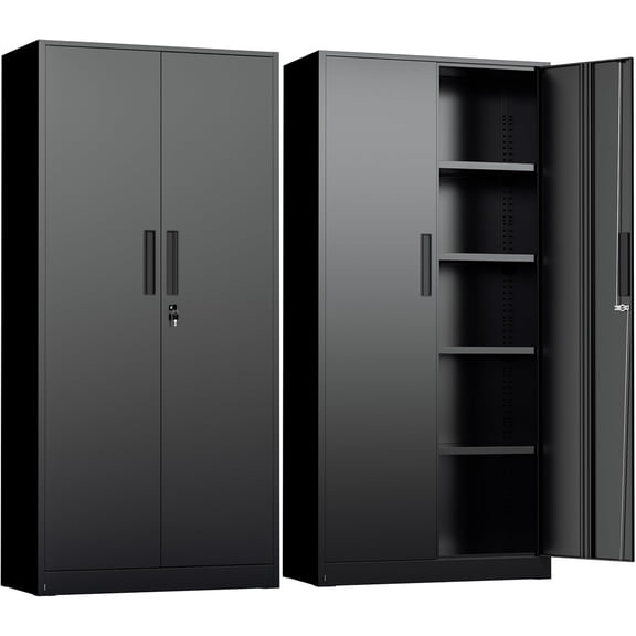 72" H Lockable Metal Storage Cabinet with Doors, Steel Storage Lockers with Adjustable Shelves for Office, Home, Garage, Gym, School (Black)