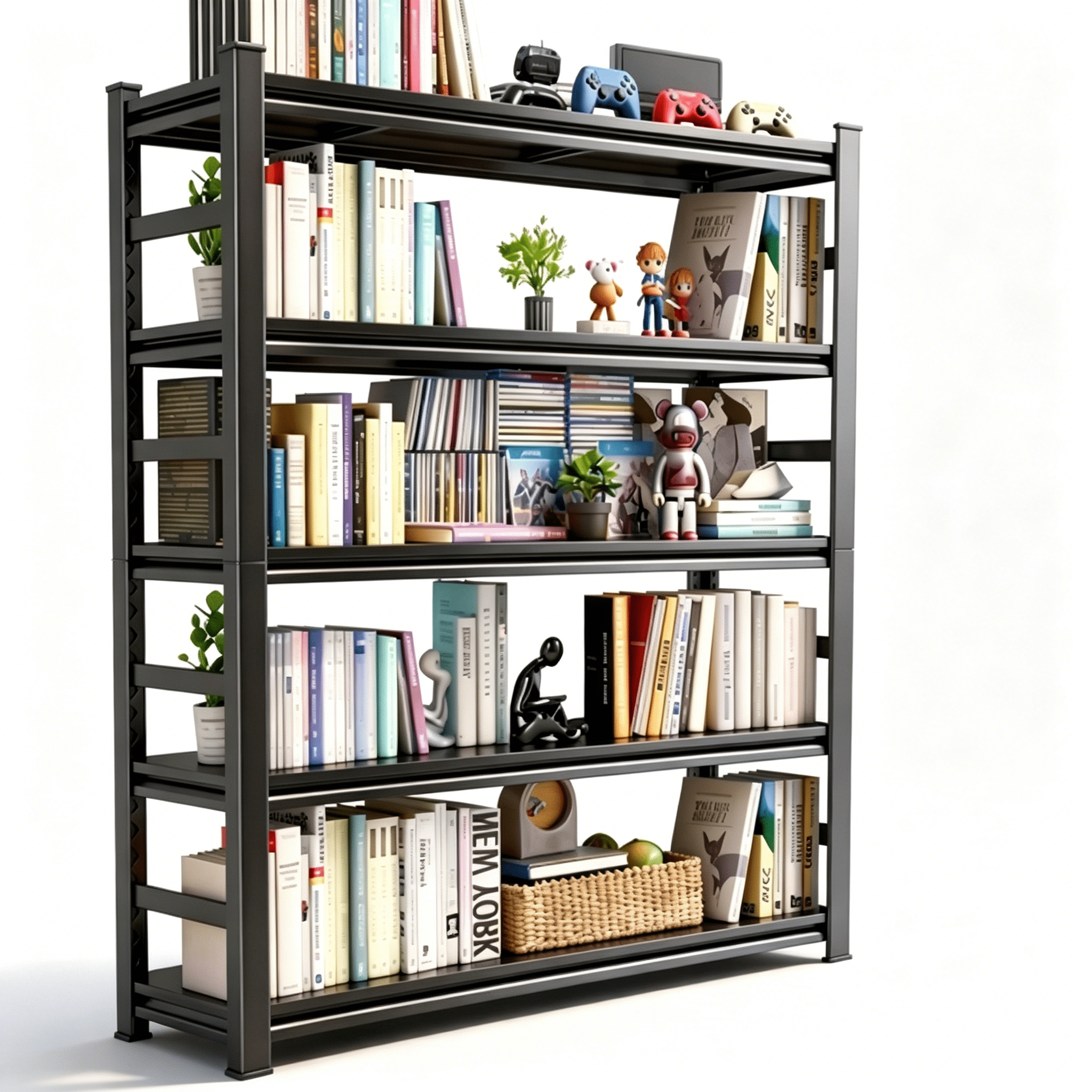 72" H Metal Bookshelfwith Fences, 3000LBS Industrial Bookshelves, 5-Tier Display Bookcase, Adjustable Bolt-Free Storage Shelves for Living Room, Bedroom, Garage, Kitchen, Black