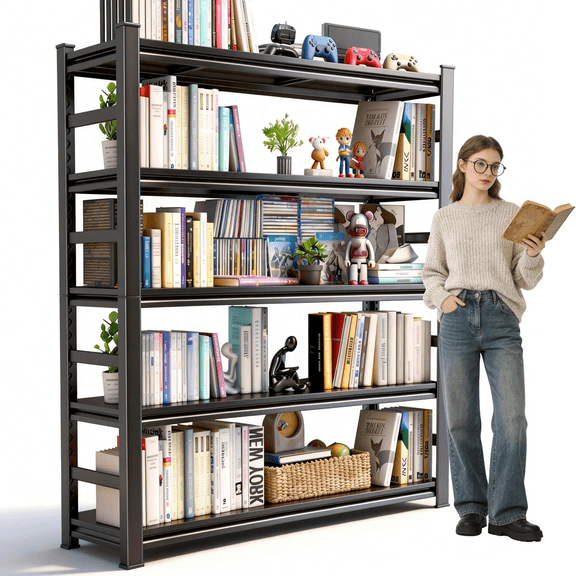 72" H Metal Bookshelfwith Fences, 3000LBS Industrial Bookshelves, 5-Tier Display Bookcase, Adjustable Bolt-Free Storage Shelves for Living Room, Bedroom, Garage, Kitchen, Black