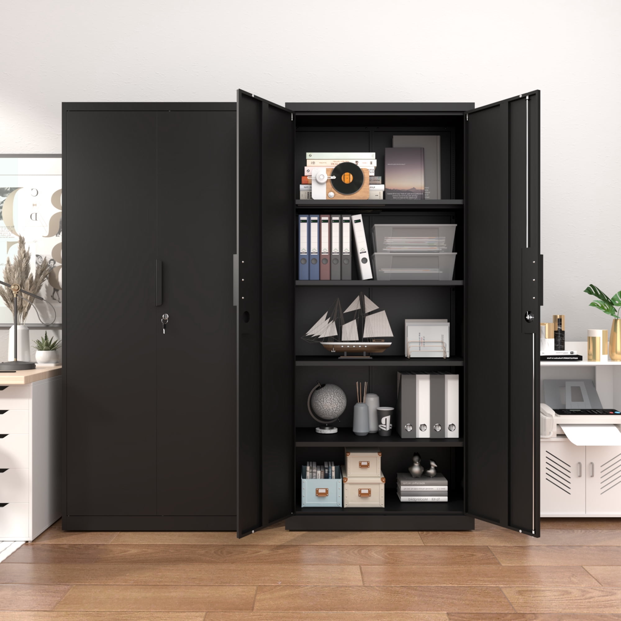 72"H Metal Storage Cabinet with Adjustable Shelves & 2 Doors, Heavy-Duty File Cabinet Garage Storage Cabinet with Lock for Garage,Classroom,Office,Black