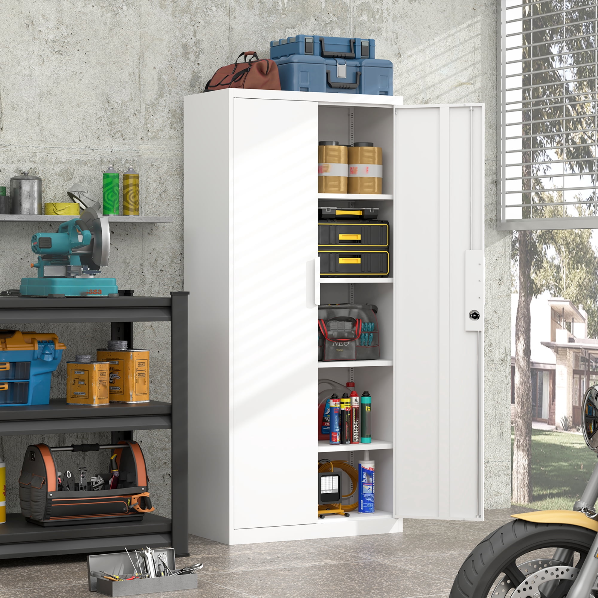 72"H Metal Storage Cabinet with Adjustable Shelves & 2 Doors, Heavy-Duty File Cabinet Garage Storage Cabinet with Lock for Garage,Classroom,Office,White