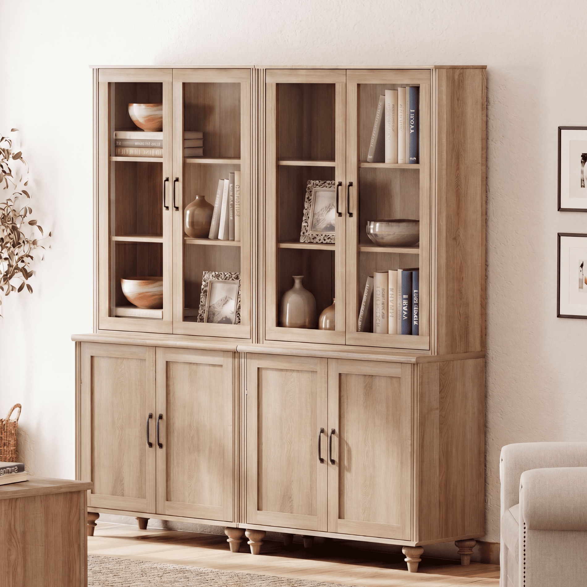 72"H Tall 5-Tier Bookcase with Glass Doors, Farmhouse Bookshelf with Ample Storage Cabinet, Large Library Wooden Bookshelves for Living Room, Office, Kitchen, Oak