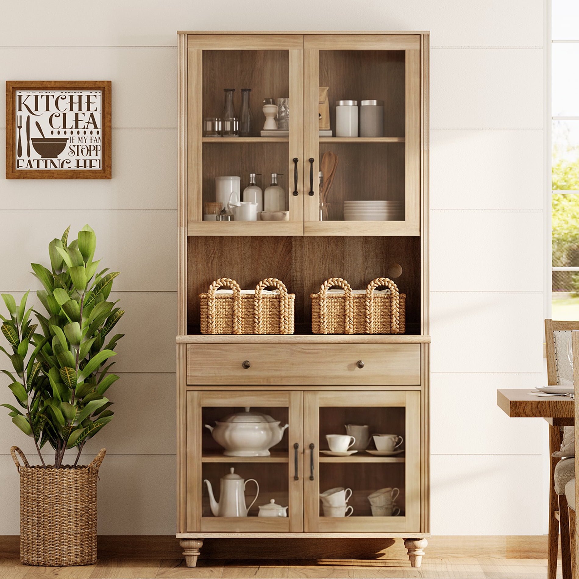 72"H X 33.9"W 5-Tier Farmhouse Display Bookcase with Glass Doors, Storage Cabinet & Wood Drawer, Wooden Bookshelf for Living Room, Office, Kitchen, Oak