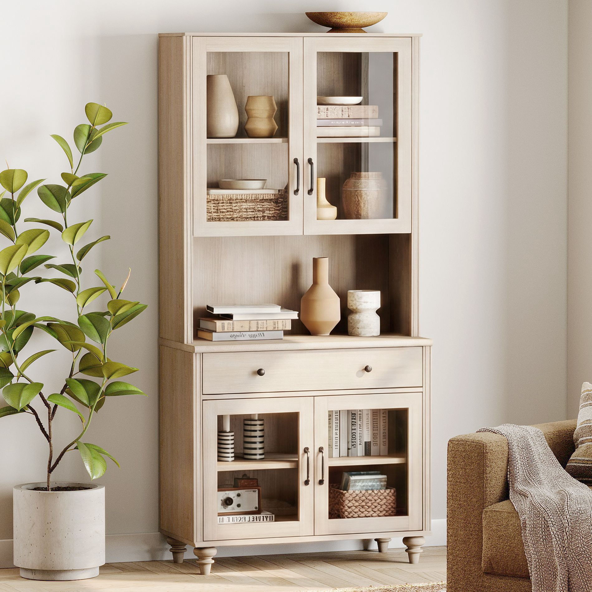 72"H x 33.9"W 5,Tier Farmhouse Wooden Bookcase, Display Bookshelf with Glass Doors, Roomy Storage Cabinet & Wood Drawer, Library Book Shelf for Living Room, Office, Kitchen, Beige