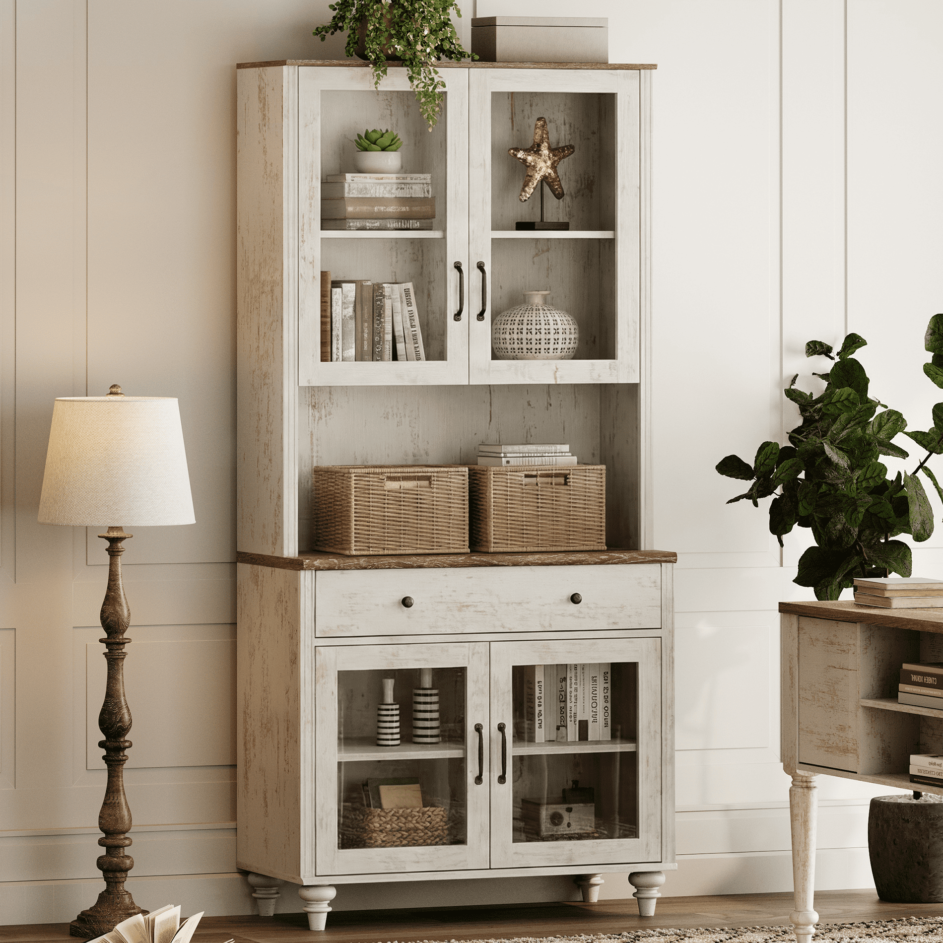 72"H x 33.9"W 5-Tier Farmhouse Wooden Bookcase, Display Bookshelf with Glass Doors, Roomy Storage Cabinet & Wood Drawer, Library Book Shelf for Living Room, Office, Kitchen, Rustic White