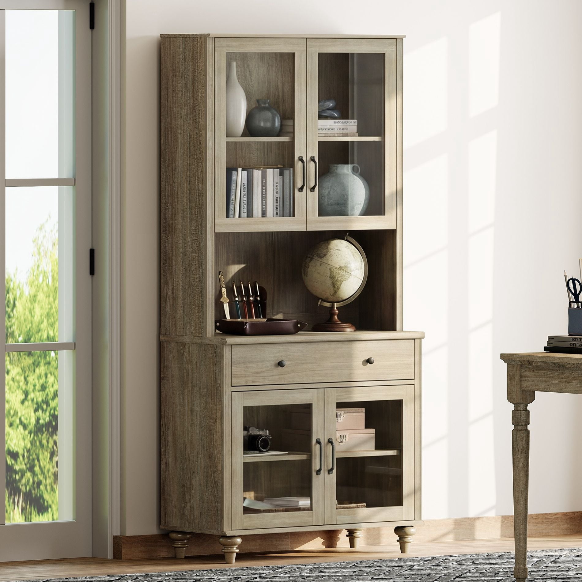 72"H x 33.9"W 5,ier Farmhouse Wooden Bookcase, Display Bookshelf with Glass Doors, Roomy Storage Cabinet & Wood Drawer, Library Book Shelf for Living Room, Office, Kitchen, Wash Gray