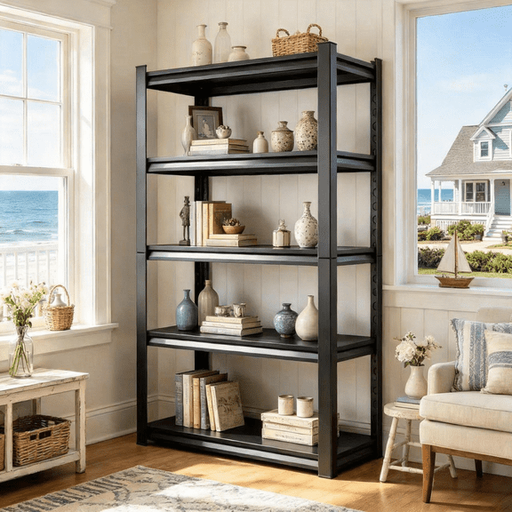 72" H x 45"W Metal Garage Shelving Unit, 5-Tier Heavy Duty Garage Storage Shelves, 3000 lbs Adjustable Industrial Shelving, Standing Shelf Units for Warehouse, Kitchen, Basement, Double-Layer Columns