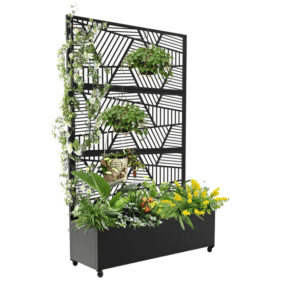 72" H x 47" W Outdoor Privacy Screen with Planter Box – 3-Panel Metal Garden Trellis for Climbing Plants, Vegetables & Vines – Decorative Partition for Patio, Yard, Balcony