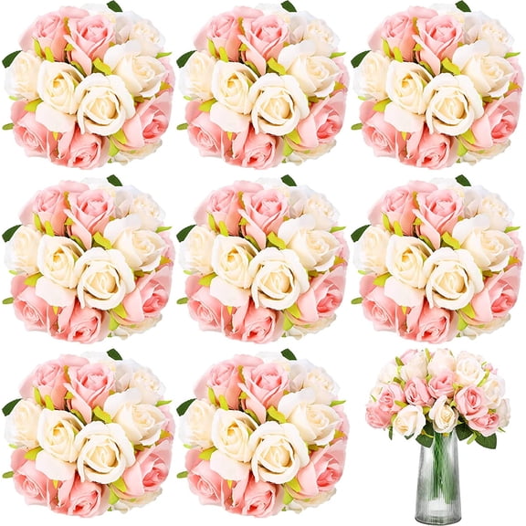 72 Heads Artificial Rose Flowers Bouquet Wedding Gift Silk Flower Arrangement Bouquet with Stem Bridal Bouquet Real Touch Flower Centerpiece for Tables Valentine, 6 Bouquets (Pink)