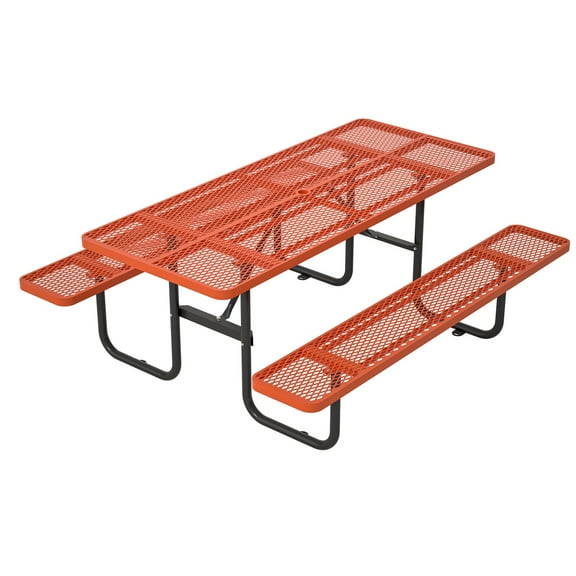 72" Heavy-Duty Outdoor Metal Picnic Table with Umbrella Hole and Built-In Benches, Orange (1 Count)