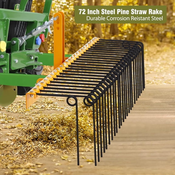 72 in Heavy Duty Pine Straw Rake 30 Coil Spring Tines Durable Powder Coated Steel Tow Behind Landscape Rake with 3 Point Hitch Receiver Attachment Fit to Cat0 Cat 1 Tractors for Leaves Grass Yellow