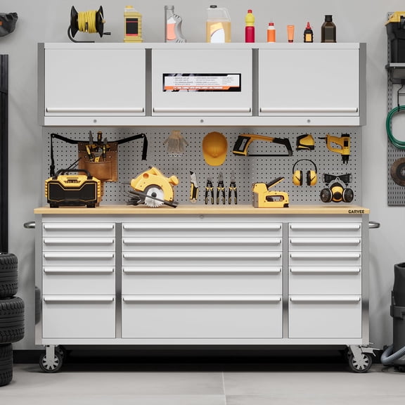 72" Heavy-Duty Rolling Tool Chest & Mobile Workbench, 9 Drawers & 3 Top Cabinet  Rubber Wood Tabletop, Key Locking System, Drawer Liners & Wheels, Steel Garage Storage