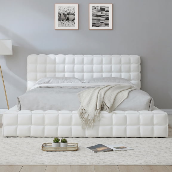 Livia Queen Size Faux Leather Upholstered Bed Fram in White
