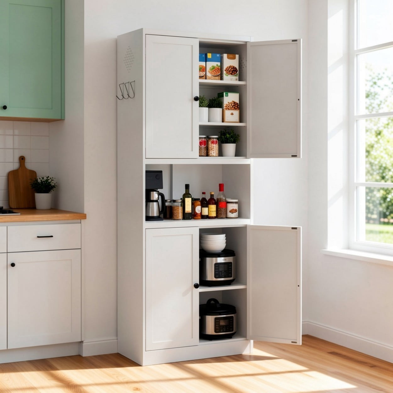 72" High Steel Kitchen Pantry Cabinet with Large Countertop, Heavy Duty Storage Organizer with Adjustable Shelves, Drawer & Hooks for Kitchen Bathroom Living Room, White