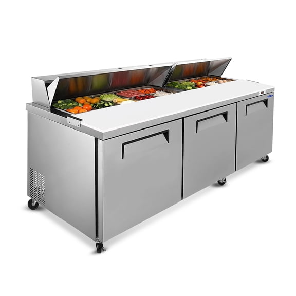 72 IN Commercial Refrigerators Sandwich&Salad Prep Table with a Butcher Block Cutting Board, Protection Lid, Cold Storage, ETL Certified