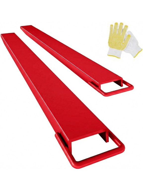 72 In Forklift Fork Extensions 4.5 In Width Heavy Duty Steel 1 Pair Red with Straps and Gloves Tool-Free Install