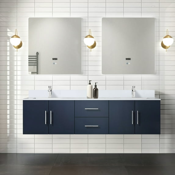 72 In. Navy Blue Vanity With Quartz Countertop & 30 Led Mirrors - Bathroom Ornament Spacious Compartment