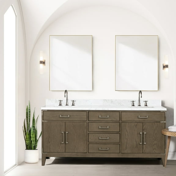 72 In. W X 22 D Grey Oak Double Bath Vanity With Marble Top & Faucet - Soft Close, Ample Drawer Space Sealed And Cabinet